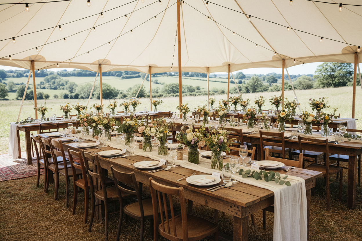 Wedding table setting with elegant floral centerpiece